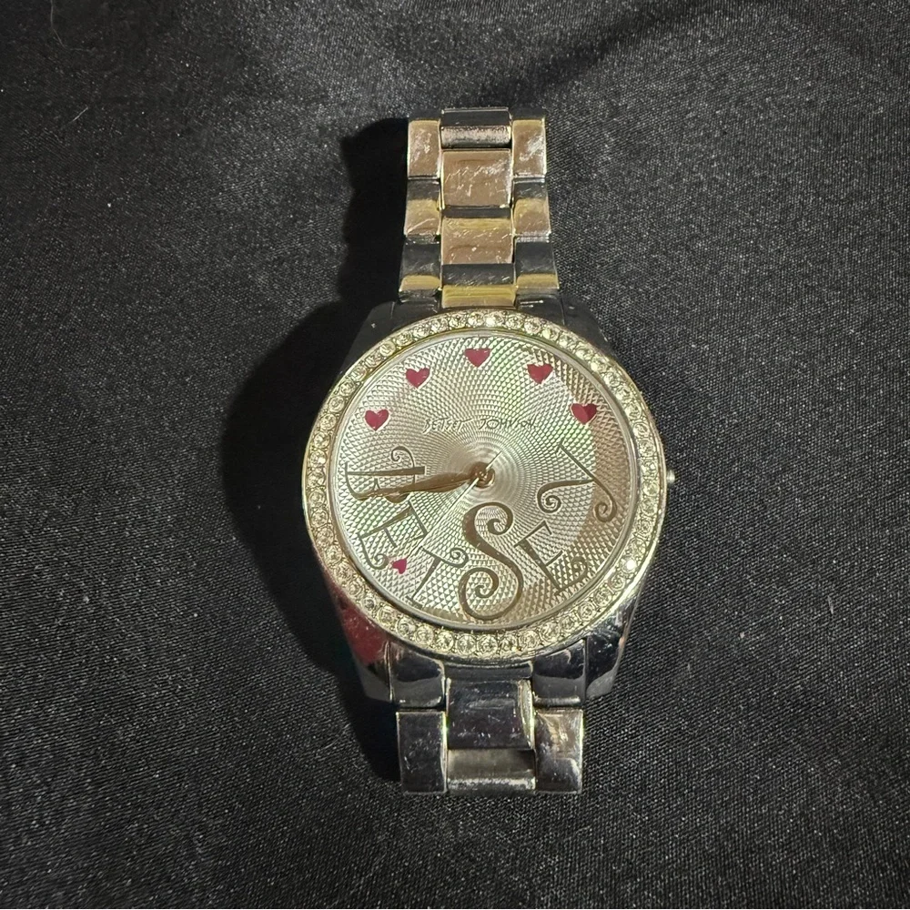Betsey Johnson Silver Watch with Pink Heart Accents